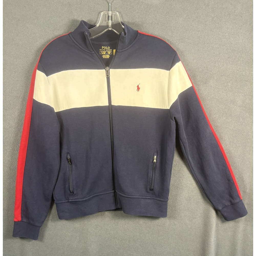 Polo Ralph Lauren Boys Track Jacket XL 18/20 Navy Blue White Red Pony Full Zip